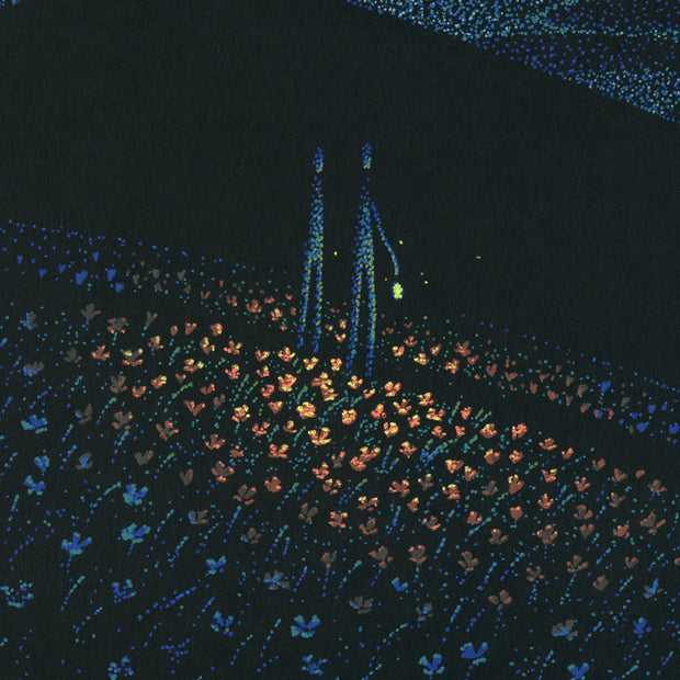 Detail photo of illustration depicting 2 simplified characters standing in a field of poppies at night. The night sky is starry and a circle of the poppies are illuminated by a held lantern.