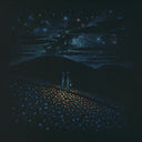 Ink pointillism style drawing on black cardstock, depicting 2 simplified characters standing in a field of poppies at night. The night sky is starry and a circle of the poppies are illuminated by a held lantern.