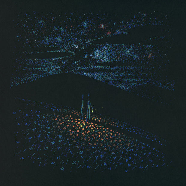 Ink pointillism style drawing on black cardstock, depicting 2 simplified characters standing in a field of poppies at night. The night sky is starry and a circle of the poppies are illuminated by a held lantern.