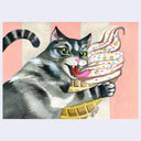 Illustration of an angry looking gray cat, guarding a soft serve ice cream cone with rainbow colored sprinkles.