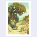 An impressionist landscape artwork depicting a sunlit path under a large tree, with a small rooster standing on the path. The artwork is presented with a wide white border against a light gray background.