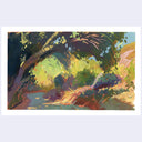 An impressionistic landscape painting of a sunlit forest path with trees, foliage, and earthy brushstrokes, shown with a white border on a light gray background.