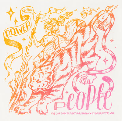 Yellow, orange and pink gradient illustration of a woman leaned onto a tiger with banner text that reads "power to the people"