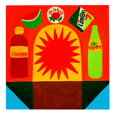 Bright colored collage style painting of a large red starburst shape in a yellow archway. Around is a bottle of Chamoy, Squirt, Limon 7 packet, de la Rosa, and a slice of sandia.