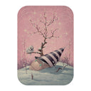 Painting of an egg with a striped cone hat half buried in snow, with a bird resting on a tree branch behind.