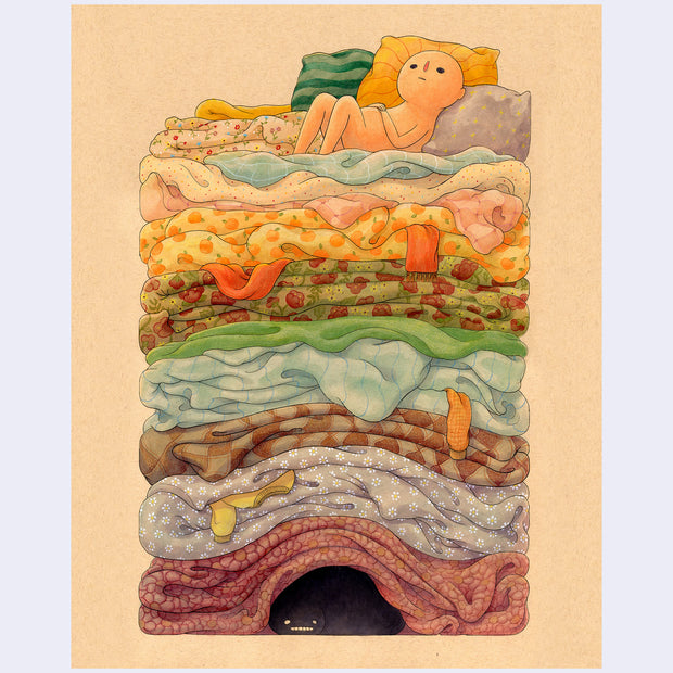 Illustration of a on warm, beige toned paper of a character lying on a stack of colorful fabric, a reference to the Princess and the Pea. At the bottom of the stack is a black blob monster with a grinning simplistic face.
