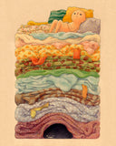 Illustration of a on warm, beige toned paper of a character lying on a stack of colorful fabric, a reference to the Princess and the Pea. At the bottom of the stack is a black blob monster with a grinning simplistic face.