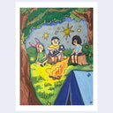 A square art print featuring a whimsical hand-drawn illustration of three children camping outdoors under a starry night sky, with a campfire, trees, and a blue tent in the foreground.
