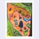 A whimsical illustrated art print showing a forest scene with a child in a pointed red hat walking with a smaller boy on a path, accompanied by a bird, a frog, mushrooms, and leaves. The print is centered on a light gray background with a white border.