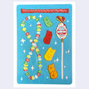 Illustration of several different candies on a blue background with white sparkle shapes. Candies include: candy necklace, gummy bears, licorice, and a Blow Pop.