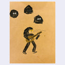 Illustration on tan paper of a person with long hair playing guitar while standing. Above them, hover 3 dust cloud characters.