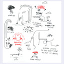 Many sketches of people stretching.