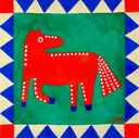 Colorful abstract painting of a red horse with white spots on a green background, framed by blue and red geometric patterns.