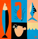 Painting divided into 5 quadrants of solid color: orange, blue, black, yellow and peach. Each section has a color block style illustration of fish, aside from one quadrant featuring ocean waves instead.
