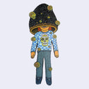 Illustration made with many lines, giving it the feel of a folk art woodcut on a die cut wood panel of a person standing wearing blue knit pants and a cloud patterned sweater. Around its head is a dome with night sky and stars.
