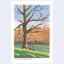 A Landscape painting of Prospect Park, New York, featuring a large bare tree, green grass, and two small figures under a blue sky, with the title 'PROSPECT PARK, NY' written at the bottom.