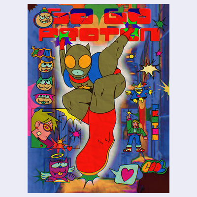 Colorful poster of a super hero dressed in a full body suit with red boots and a backpack. Text above reads "Go Go Proton"