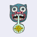 Illustration made with many lines, giving it the feel of a folk art woodcut on a die cut wood panel of a blue cat's head with an open toothy mouth, it has a speech bubble with a yellow geometric pattern within it.