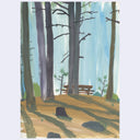 A landscape painting of a forest scene with tall tree trunks, a wooden picnic table, and a tan ground under a light blue sky.