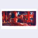 Painting of a film still from Pulp Fiction of 2 characters talking, one in the foreground is faced away from the viewer he is bald with large hoop earrings and a bandaid on the back of his neck - scene is cast in red lighting.