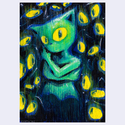 Illustration of a green cartoon cat character with bright, large yellow eyes. It hugs itself and many more pairs of yellow eyes glow in the background.