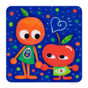 Illustration of an apple character and an orange character, with think legs and arms holding hands with one another and looking at each other with cartoon eyes - they have no other facial features. Background is blue with red, green, orange and white polka dots.