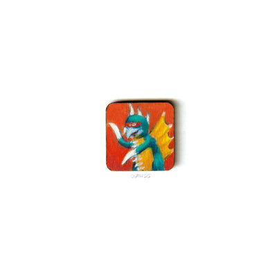 Small square panel with a colored pencil illustration of the Kaiju, Gigan on red background.