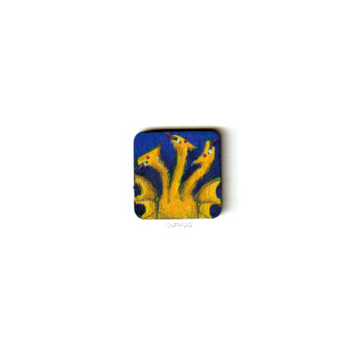 Small wooden panel with an illustration of a yellow King Ghidorah, a 3 headed dragon monster.