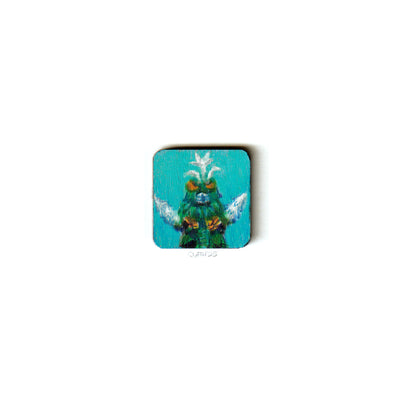 Small wooden panel featuring an illustration of a green bug like monster on blue background.
