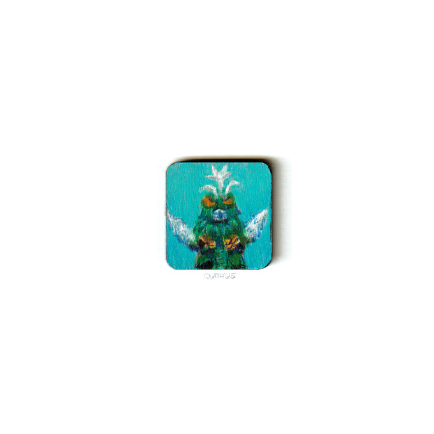 Small wooden panel featuring an illustration of a green bug like monster on blue background.