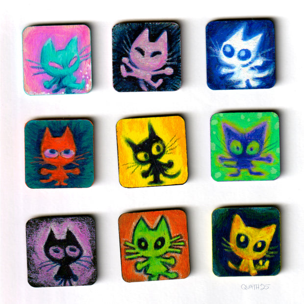 Set of colorful cat-themed illustrations on a white background