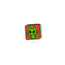Small square panel with a green cat design on an orange background