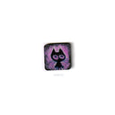 Very small square wooden panel with an illustration of a cartoon cat on a purple background.