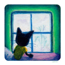 Illustration of a black cat looking out a window with a green frame.