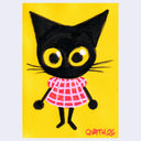 Marker drawing of a cute, cartoon black cat character wearing a red grid dress on yellow background.