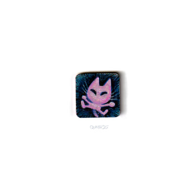 Very small square wooden panel with an illustration of a cartoon cat on a dark blue background.
