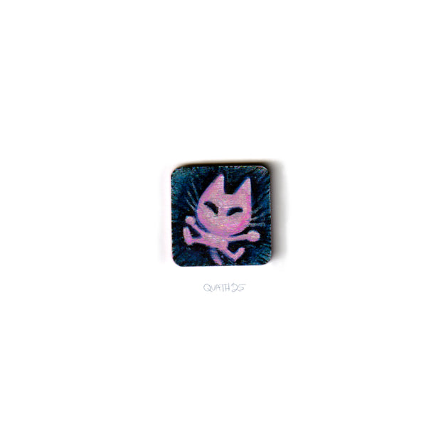 Very small square wooden panel with an illustration of a cartoon cat on a dark blue background.