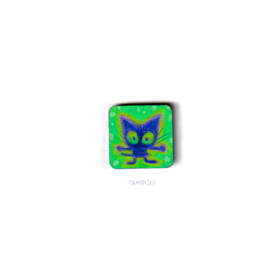Very small square wooden panel with an illustration of a cartoon cat on a green background.