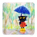 Illustration of a cartoon cat wearing rain boots, a raincoat and standing under a blue umbrella as it rains.