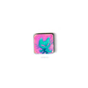 Very small square wooden panel with an illustration of a cartoon cat on a pink background.