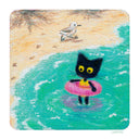 Illustration of a black cat with yellow eyes standing with a pink inflatable pool donut in the water, with a bird walking in the background.