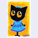 A colorful cartoon-style illustration of a black cat with large yellow eyes wearing a blue dress and bow, set against a bright yellow scribbled background.