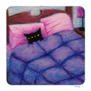 Illustration of a small black cat tucked in to a fluffy purple and pink bed.
