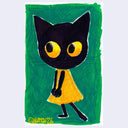 A stylized illustration of a black cat with large yellow eyes wearing a yellow dress, centered on a textured green background with a white border.