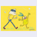 Illustration on yellow paper of a mouse character walking and an excited plant character walking in front.