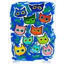 Illustration of many colorful cartoon cat heads.