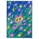 Drawing of a purple cartoon cat, blurry running among stars.