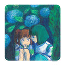 Two characters from Spirited Away in a close embrace with blue and green hues