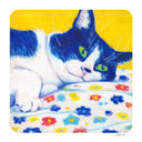 Illustration of a blue and white cat, laying down on a floral patterned blanket.