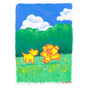 Illustration of a yellow character and a yellow dog running in a grassy field.